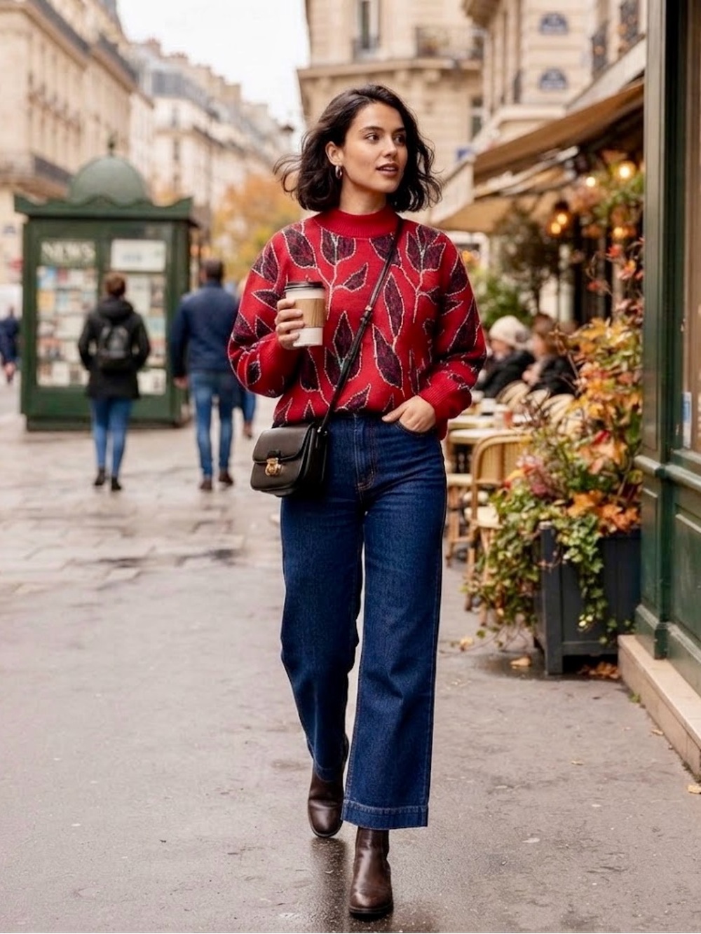 Vintage Red Leaf-Pattern Turtleneck Sweater